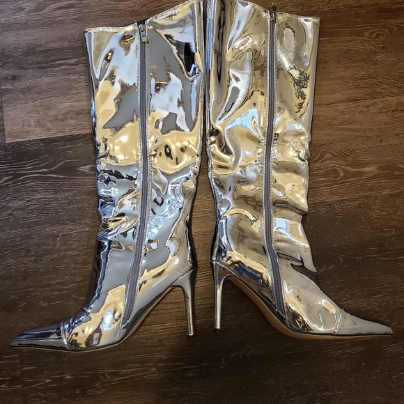 Women's Knee High Boots Pointed Toe Stiletto Heel Metallic Zipper Boots size 10 - Picture 8 of 14